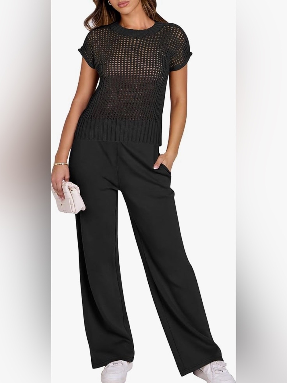 Women Two Piece Outfit Crochet Sheer Knit Sweater Top Wide Leg Pants
